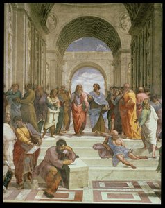 Atina Okulu, Herakleitos ve Diogenes olarak Platon, Aristoteles, Michelangelo gibi çeşitli figürleri gösteren merkezin detayı, 472