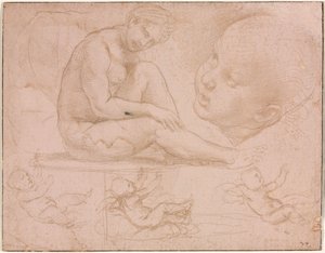 Oturan Kadın Çalışmaları, Çocuğun Başı ve Üç Bebek Çalışması, c. 1507-8. by Raffaello Sanzio Raphael
