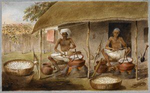 Bir kulübenin dışında oturan iki adam kozalardan ipek çıkarıyor ve kozaları suda kaynatarak iğlere sarıyor, 1820 dolayları (kağıt üzerine suluboya)
