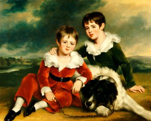 Newfoundland Köpekleriyle İki Çocuğun Portresi by Ramsay Richard Reinagle