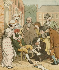 Oliver Goldsmith'in Deli Bir Köpeğin Ölümü Üzerine Bir Ağıt. Komşular Islington'ın ısırığının iyi adamını giydiriyor.. İllüstrasyon: Randolph Caldecott