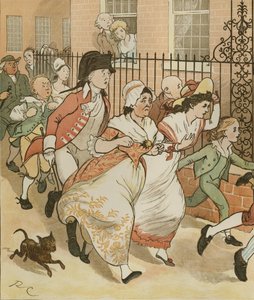 Oliver Goldsmith'in Deli Bir Köpeğin Ölümü Üzerine Bir Ağıt. Komşular Islington'ın iyi adamına yardım etmek için acele ediyor. Randolph Caldecott'un çizimi
