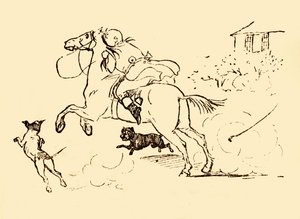 John Gilpin, atı kontrolden çıktığında köpekler tarafından kovalanır, 1878, c1918. by Randolph Caldecott