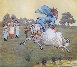 Size kimse sormadı efendim, dedi. Tekerleme “Sütçü Kız” için Randolph Caldecott tarafından yapılan illüstrasyon.