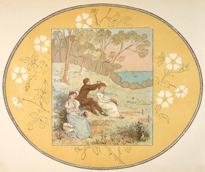 Sahile yakın bir açıklıkta oturan iki kadın ve bir adam. Çiçek sınır. by Randolph Caldecott