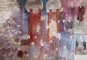 La Fee Electricite, detay: Johann Wilhelm Hittorf, Heinrich Geissler, Henry Moseley, Pierre Curie, Marie Curie, Dmitrij Mendelee, Thomas Edison ve Graham Bell