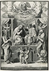 Vaftizci Yahya ve Aziz Jerome'un huzurunda Bakire'nin taç giyme töreni by Raphael (1483 1520) (after)