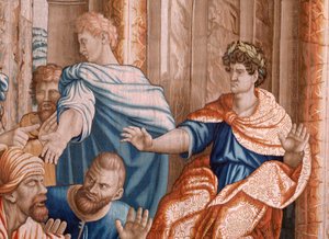 Flaman halısı. Havarilerin Seri İşleri. Elymas kör oldu (La ceguera de Elymas). Serinin yedinci halısı. Model Karikatür Rafael Sanzio tarafından. 1519. Jan Raes II imalatı, Brüksel. 1605-1629. Kumaş İpek ve yün. Boyut 534 x 783 cm. yer bul by Raphael