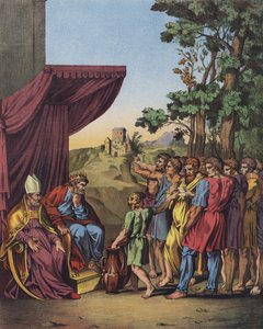 Yeşu, Kenan topraklarının İsrail Kabilelerine tahsisine başkanlık ediyor (renkli taş) by after Raphael