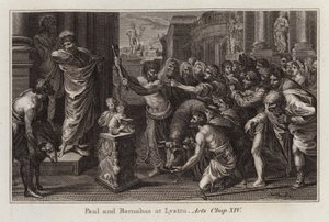 Raphael karikatürü: Paul ve Barnabas, Listra, Elçilerin İşleri, Bölüm XIV (gravür) by after Raphael