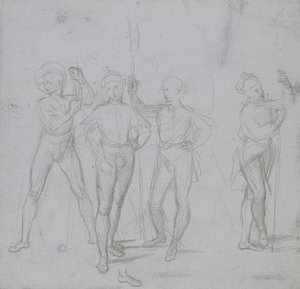 Dört ayakta duran Asker grubu (beyaz olmayan kağıt üzerinde mavi-gri bir müstahzar üzerinde gümüş nokta) by Raphael