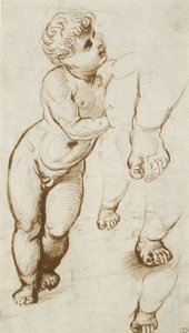 The Infant Christ and other Studies (beyaz kağıt üzerinde, kurşun noktasındaki ön göstergeler üzerine kalem ve koyu kahverengi mürekkep) by Raphael