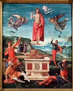 Diriliş (İsa'nın dirilişi) İsa Mesih'in bir sopa haçı vardır, bunun sonunda beyaz bir bayrak (standart) yüzer ve kırmızı bir haç ile vurur - Resim Raffaello Sanzio dit Raphael (1483-1520) 1501-1502 Dim 52x44 cm Sao Paulo, Museu de Arte by Raphael