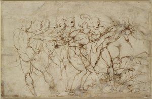 Tutsaklarla çıplak savaşçıların savaşı, WA1846.179 (siyah tebeşir üzerine kalem ve kahverengi mürekkep) by Raffaello Sanzio Raphael
