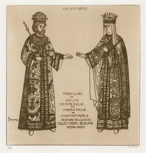 Konstantinopolis İmparatoru ve İmparatoriçesi olarak kostümlü Slav Prensleri (gravür) by Raphael Jacquemin