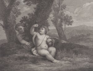 Bir ağacın altında oturan, elinde şarap kadehi tutan bebek Bacchus, arkasında başka bir bebekle..., 1780