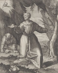 Aziz Francis, kollarını uzatmış diz çökmüş, sol üstte bir melek heykeline bakıyor,..., 1599.
