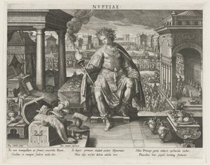 Evliliğin kişileşmesi olarak Nuptiae Nvptiae (nesne üzerindeki başlık) Bir Prensin Başlıca Faaliyetleri (dizi başlığı) Şema, seu speculum principum (dizi başlığı) by Raphaël Sadeler (I)