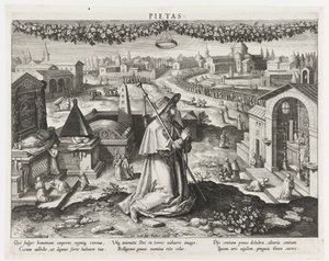 Dindarlığın kişileşmesi olarak Pietas Pietas (nesne üzerindeki başlık) Bir Prensin Başlıca Faaliyetleri (dizi başlığı) Şema, seu speculum principum (dizi başlığı) by Raphaël Sadeler (I)