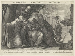 Aziz Benedict ve Aziz Scholastica ile Kutsal Aile iffet aynası Pvrissimvm Castitatis Specvlvm (nesne üzerindeki başlık) İtaat, iffet ve yoksulluğun aynaları (dizi adı) by Raphaël Sadeler (II)