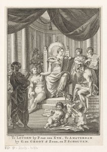 Tarih, Hakikat, Antikite ve Basiret ile alegorik temsil Türklerin çağdaş tarihi (nesne üzerindeki başlık) Başlık sayfası: Sn, Hedendagche historie veya Genel tarihin devamı, 1767 by Reinier Vinkeles (I)