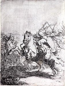 Süvari Dövüşü (kağıt üzerinde kalem ve mürekkep) by Rembrandt Harmensz. van Rijn