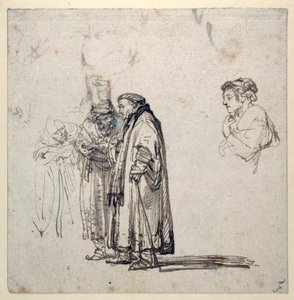 Bir grup yaşlı bilim adamı ve ayrı olarak, genç bir adamın profili (kağıt üzerinde kalem ve mürekkep) (2636120 recto) by Rembrandt Harmensz. van Rijn