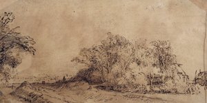 Bir çiftlik evini gizleyen ağaçların olduğu set boyunca zorlu bir yol (kağıt üzerinde yıkama ile kalem ve mürekkep) by Rembrandt Harmensz. van Rijn