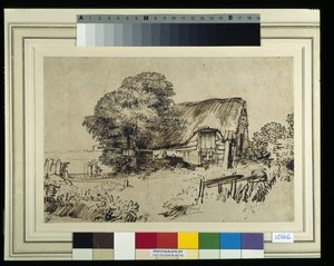 Büyük bir ağacın yanında sazdan bir kulübe, dışarıda oturan bir figür, c.1648-52 (kağıt üzerine kalem ve mürekkep) by Rembrandt Harmensz. van Rijn
