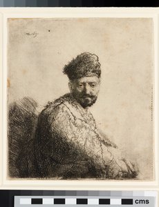 Kürklü doğu şapkalı sakallı adam: sanatçının babası by Rembrandt van Rijn