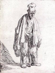 Yüksek Şapkalı Dilenci (kağıt üzerinde kalem ve mürekkep) by Rembrandt Harmensz. van Rijn