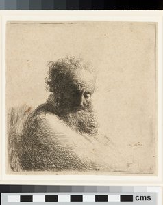 Yaşlı ve sakallı bir adam büstü, aşağı bakıyor, dörtte üçü sağda by Rembrandt Harmensz. van Rijn