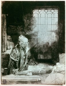 Faust atölyesinde Rembrandt Harmensch van Rijn (1606 - 1669) tarafından yapılan bakır gravür. Pencerenin önünde görünen parlak disk, bulunan ve anlaşılması zor anlamı Rembra