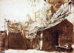 Işık ve Gölgede Çiftlik Evi - Rembrandt van Rhijn (1606-1669) - 1635-1636 - Kağıt üzerine kalem, fırça, kahverengi renk - 16,2x22,5 cm - Szepmuveszeti Muzeum, Budapeşte by Rembrandt Harmensz. van Rijn
