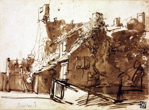Güneş Işığında Çiftlik Evi - Rembrandt van Rhijn (1606-1669) - 1635-1636 - Kağıt üzerinde kalem, fırça, kahverengi renk - 16.4x22.3 cm - Szepmuveszeti Muzeum, Budapeşte by Rembrandt Harmensz. van Rijn