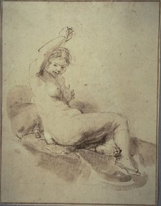 Kolu Kaldırılmış, Uzanmış Kadın Çıplak, 1665 dolayları (bronz renkli kağıt üzerine kalem ve kahverengi mürekkep ve fırça ve kahverengi yıkama)