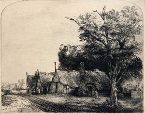 Üç Kulübeli Manzara (gravür) by Rembrandt Harmensz. van Rijn