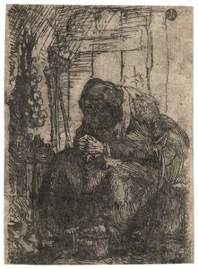 Duvarda Bir Dize Soğanla Kulübede Oturan Yaşlı Kadın, c. 1629 (gravür) by Rembrandt Harmensz. van Rijn