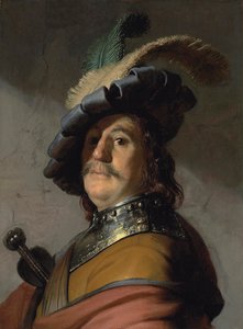 Göğüs zırhı ve tüylü bereli bir adamın portresi - Resim Rembrandt van Rijn (1606-1669) by Rembrandt Harmensz. van Rijn