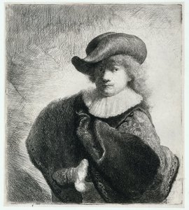 Yumuşak Şapkalı ve Desenli Pelerinli Otoportre by Rembrandt Harmensz. van Rijn
