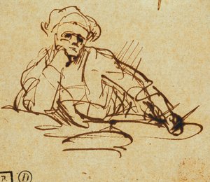Bir Yazarın Çalışması, Oturan, Düşüncede Duraklayan, by Rembrandt van Rijn