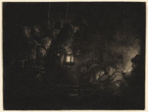 The Adoration of the Shepherds: A Night Piece, c.1657 (fildişi kaplı kağıt üzerine siyah gravür, kuru nokta ve burin) by Rembrandt Harmensz. van Rijn