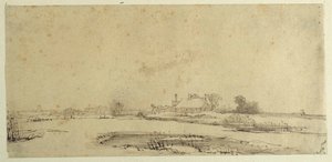 Su, çayırlar ve bir çiftlik (kağıt üzerine kalem ve mürekkep) by Rembrandt Harmensz. van Rijn