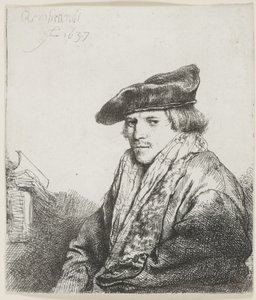 Yanında Kitaplarla Kadife Şapkalı Genç Adam by Rembrandt van Rijn