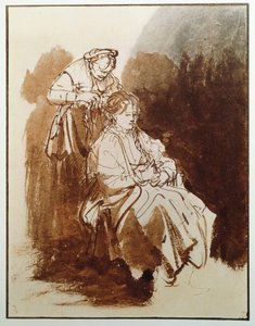 Genç kadın tuvaletinde. Yaşlı bir hizmetçinin saçı. (Mürekkep çizimi, c.1635) by Rembrandt van Rijn