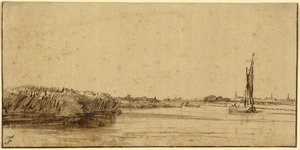 Geniş Bir Su Üzerinde Yelkenli Tekne, c.1650 (renkli kağıt üzerine kalem ve kahverengi mürekkep ve kahverengi yıkama) by Rembrandt van Rijn
