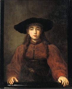 Ellerini Resim Çerçevesine Dayanan Genç Bir Kadın by Rembrandt van Rijn