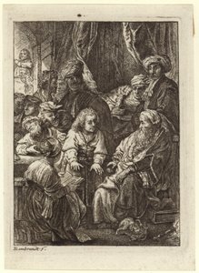 Oturan yaşlı bir adamın etrafında toplanan bir kalabalık by Rembrandt van Rijn
