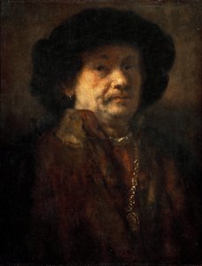 Altın zincirli ve küpeli kürk mantolu Otoportre, Rembrandt van Rhijn (1606-1669). ahşap üzerine yağ by Rembrandt van Rijn