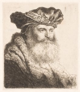 Mücevher tokalı kadife bir şapka takan sakallı adam by Rembrandt van Rijn